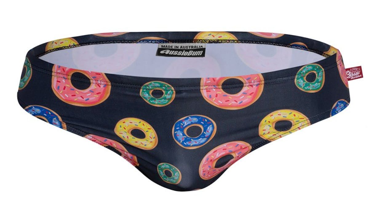 PartyOn Donuts Black Brief Swimwear range at aussieBum